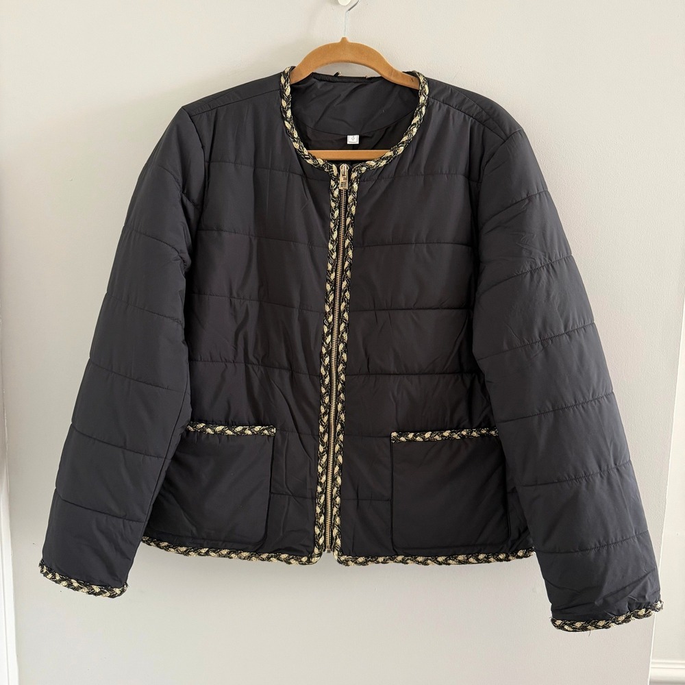 Chico's Black Quilted Puffer Jacket Gold Chain Trim Zip Front Size 2 US 12 VTG